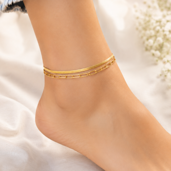 ual Layer Gold Anklet – Paperclip & Snake Chain Design