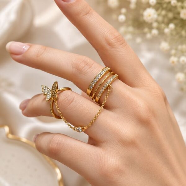 Butterfly Chain  Set – Gold Plated CZ Adjustable Ring